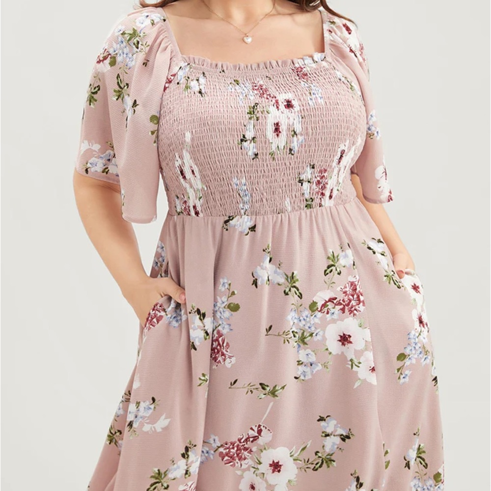 Floral Square Neck Ruffles Pocket Shirred Split Dress - Picture 6 of 8
